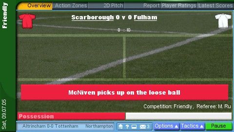 Championship Manager 2006 (PSP) screenshot: The progress of a match through lines of text.