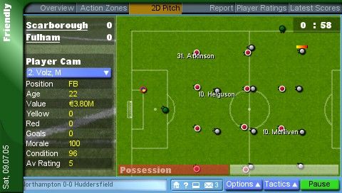 Championship Manager 2006 (PSP) screenshot: A live match through a top-down 2D view