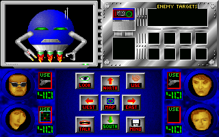 ShadowForce (DOS) screenshot: An encounter with a security droid.