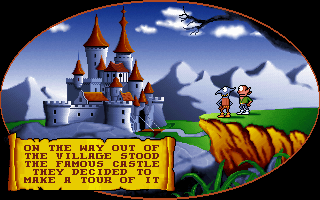Gobliins 2: The Prince Buffoon (DOS) screenshot: Cutscene: Between levels, such screen advance the truly irrelevant story. Here our heroes decide to visit the besieged castle.