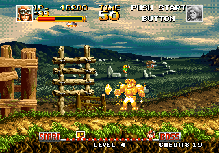 Top Hunter: Roddy & Cathy (Arcade) screenshot: Collecting a power-up allows your character to possess great strength (you also turn to gold)
