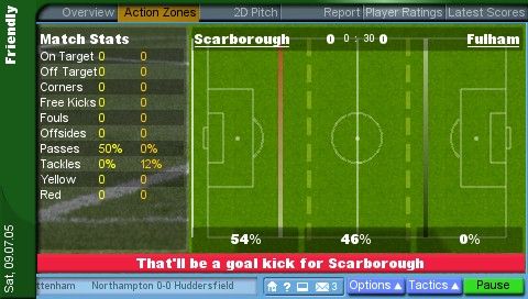 Championship Manager 2006 (PSP) screenshot: A match in progress with the vertical line showing where the action is.
