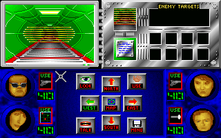 ShadowForce (DOS) screenshot: Navigating the station. Interactive parts of scenery are displayed in two boxes adjacent to the first-person view screen.