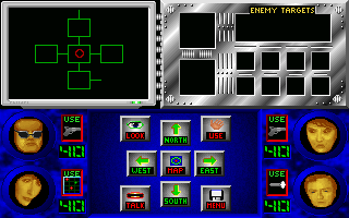 ShadowForce (DOS) screenshot: The map displays explored areas, as well as open pathways to rooms that have not been visited yet.