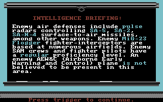 Project Stealth Fighter (Commodore 64) screenshot: Intelligence briefing