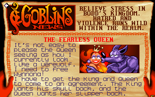 Goblins Quest 3 (DOS) screenshot: Newspaper clippings introduce every scene and give objectives.