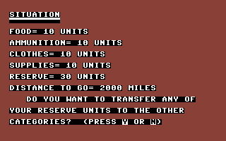 Trail West (Commodore 64) screenshot: Current situation.