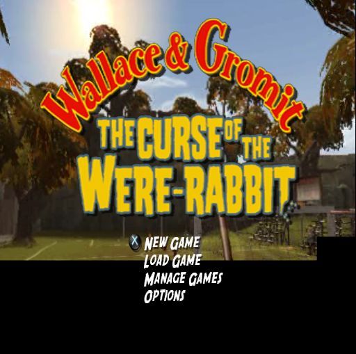 Wallace & Gromit: The Curse of the Were-Rabbit (PlayStation 2) screenshot: The main menu follows the title screen<br>In the background of both the camera pans to the right showing the village of Tottington