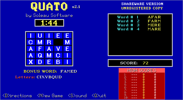 Quato (DOS) screenshot: Game in progress with a few word matches (mostly by accident I will admit)