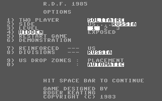 RDF 1985 (Commodore 64) screenshot: Options.