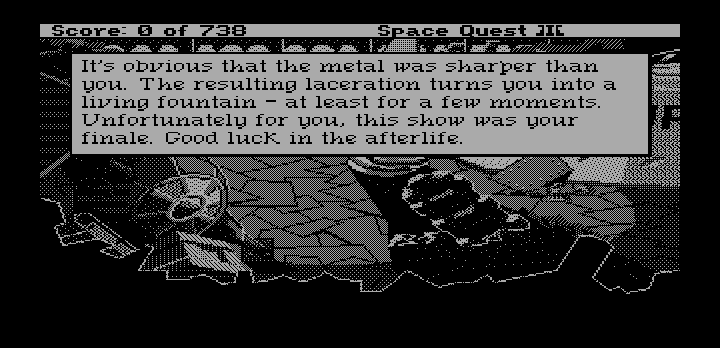 Space Quest III: The Pirates of Pestulon (DOS) screenshot: One of the elaborate death messages early in the game (Hercules card)