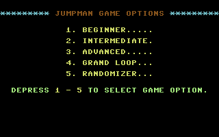 Jumpman (Commodore 64) screenshot: Main menu.