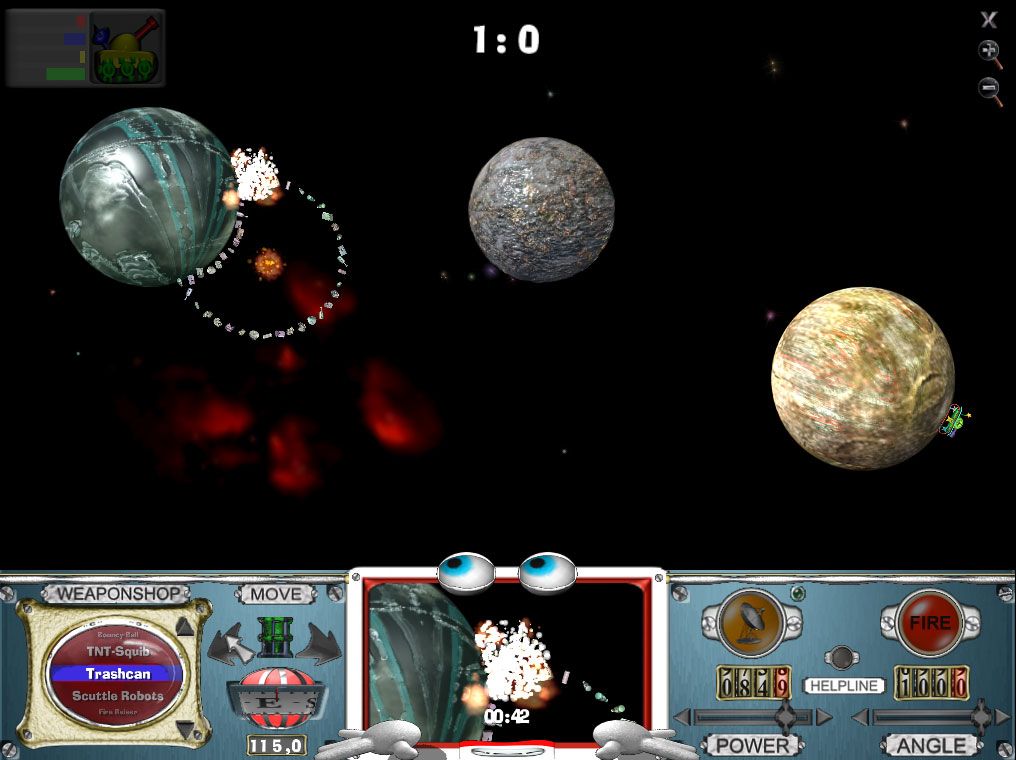 SpaceTanks (Windows) screenshot: Blown to bits on the first shot of round 2.
