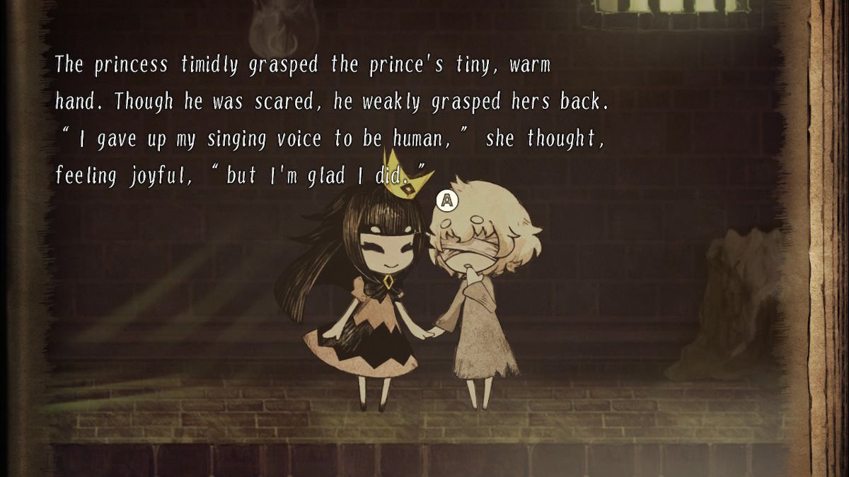 The Liar Princess and the Blind Prince (Nintendo Switch) screenshot: The wolf, disguised as a princess, finally meets the prince as a human.