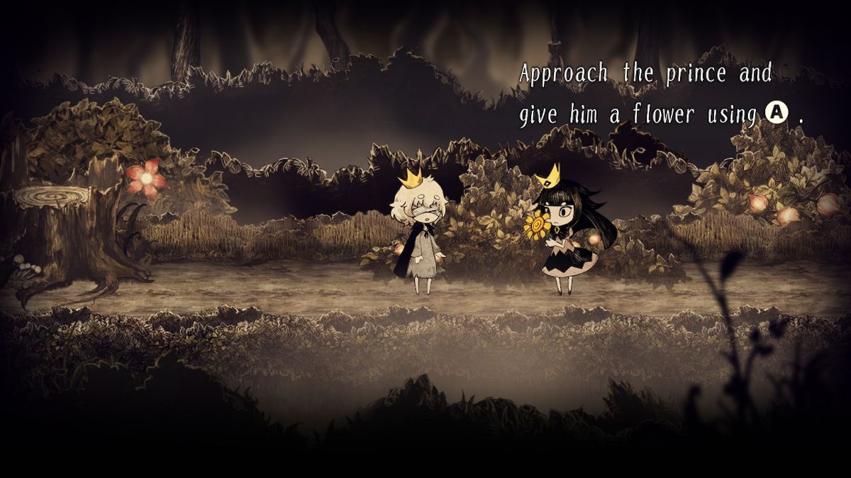 The Liar Princess and the Blind Prince (Nintendo Switch) screenshot: Giving the prince a flower makes him happy; in the palace he doesn't have the opportunity to see wild flowers.