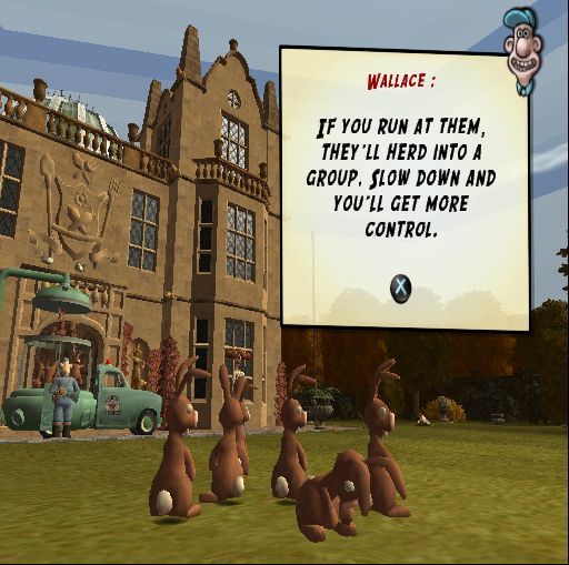 Wallace & Gromit: The Curse of the Were-Rabbit (PlayStation 2) screenshot: In the first game Gromit must catch thirty rabbits. When ten or so have been caught Wallace redirects the van's vortex down the rabbit holes. Now Gromit can herd & capture groups of them