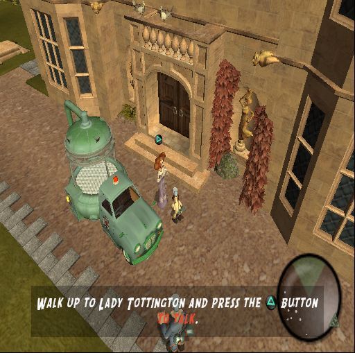 Wallace & Gromit: The Curse of the Were-Rabbit (PlayStation 2) screenshot: The first game is really a tutorial. the right joystick controls the camera while the D pad moves Wallace around.