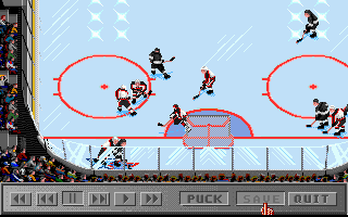 NHL Hockey (DOS) screenshot: Hard play at the corner