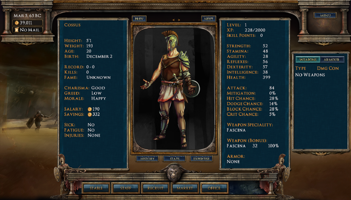 Age of Gladiators (Windows) screenshot: Cossus status page
