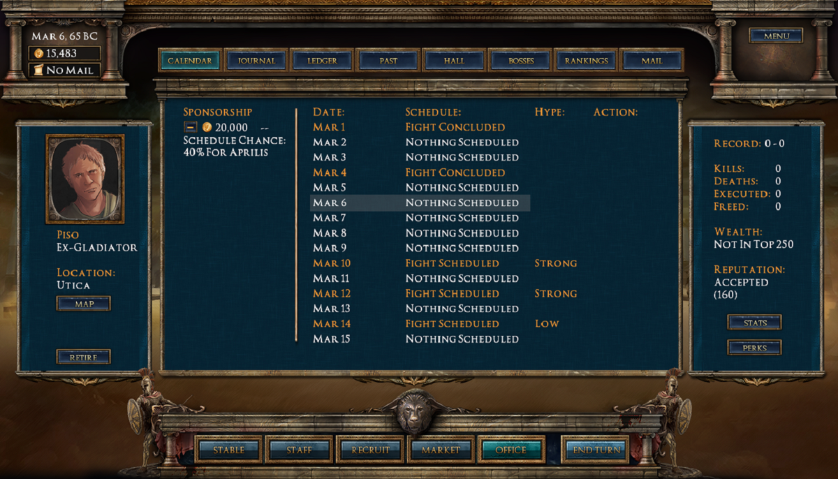 Age of Gladiators (Windows) screenshot: Checking out the schedule... not that much happening at the moment :)