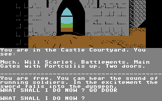 Robin of Sherwood: The Touchstones of Rhiannon (Commodore 64) screenshot: Escaped, now to get out of the castle.