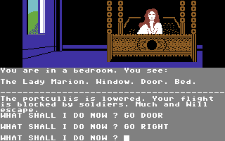 Robin of Sherwood: The Touchstones of Rhiannon (Commodore 64) screenshot: Get into bed or jump out of the window?
