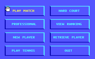Center Court Tennis (DOS) screenshot: Main Menu (EGA).