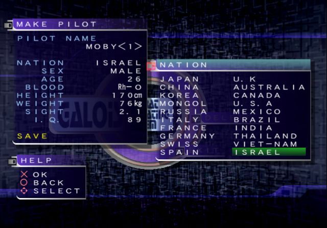 Gungriffon Blaze (PlayStation 2) screenshot: Creating a new pilot.<br>The game allows long names with upper case, lower case and special characters but the letter selection process is a bit clumsy