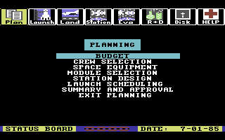 Project: Space Station (Commodore 64) screenshot: Planning Menu.