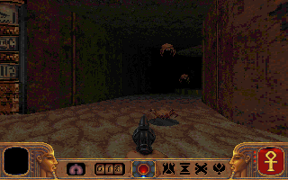 Powerslave (Official Beta Version) (DOS) screenshot: The spiders are brown instead of red in this version, making them harder to spot in dark areas.