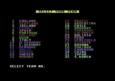 International Football (Commodore 64) screenshot: Team Selection.