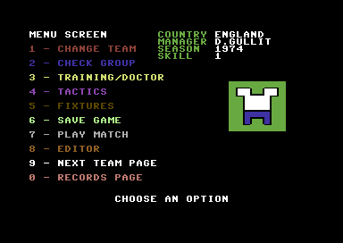 International Football (Commodore 64) screenshot: Main Menu.