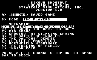 Six-Gun Shootout (Commodore 64) screenshot: Choose your scenario.
