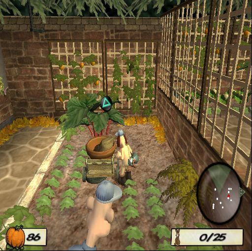 Wallace & Gromit: The Curse of the Were-Rabbit (PlayStation 2) screenshot: In the garden this trolley must be moved to open the drain. This releases a vortex into which rabbits can be herded