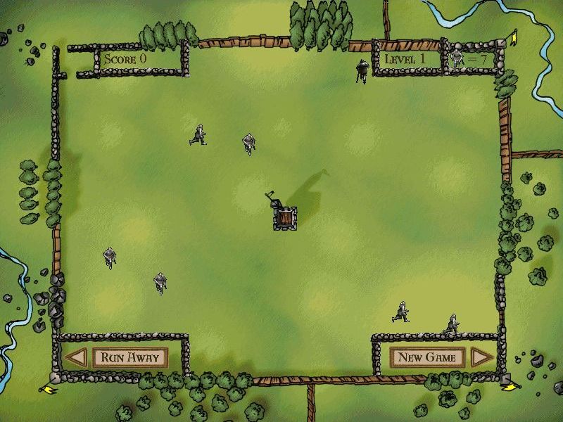 Monty Python & the Quest for the Holy Grail (Windows) screenshot: The 'Catch the Cow' mini game. The object is to lead the knights to safety via the gate in the upper left. Clicking a knight turns him 90 degrees to the right. Cows are lobbed from the tower