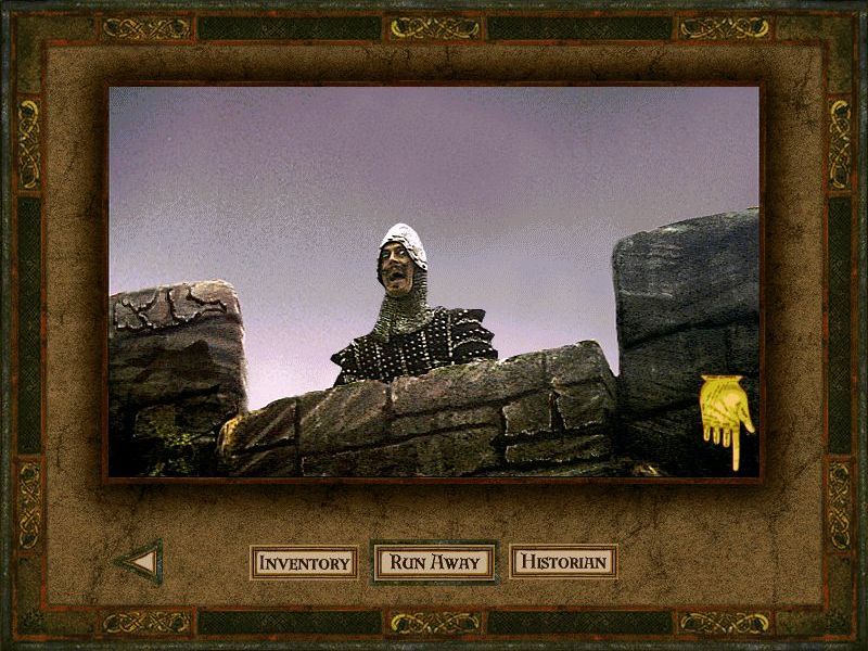 Monty Python & the Quest for the Holy Grail (Windows) screenshot: The Frenchman on the parapet who farts in Arthur's general direction. This location leads to the 'Catch the Cow' mini game