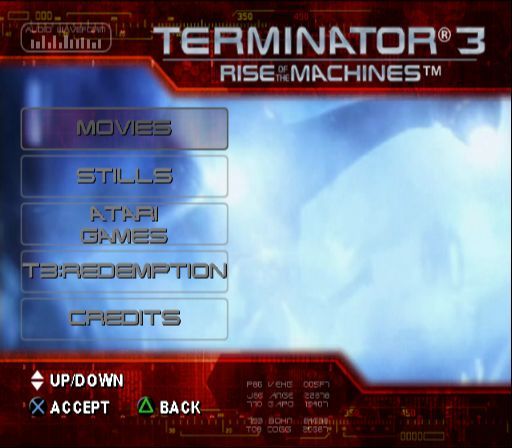 Terminator 3: Rise of the Machines (PlayStation 2) screenshot: The main menu has an Special Features tab. By selecting this the player can view cut scenes and stills. All content however is locked at the start of the game