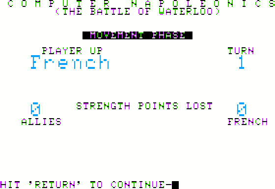 Computer Napoleonics: The Battle of Waterloo (Apple II) screenshot: Starting the game.