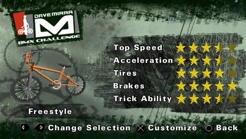 Dave Mirra BMX Challenge (PSP) screenshot: Bikes have different statistics