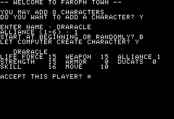 Fracas (Apple II) screenshot: Created my character. You can have 8 of them.