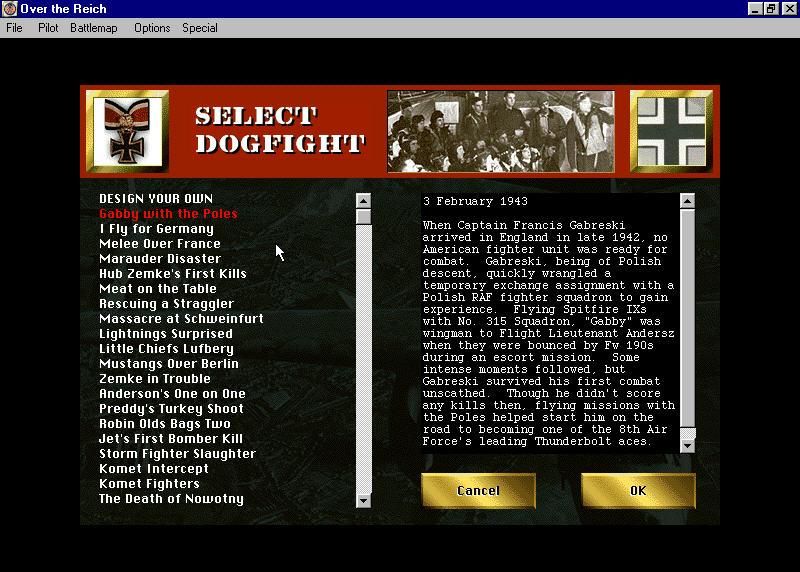 Over the Reich (Windows) screenshot: Many scenarios of each flight type to select from