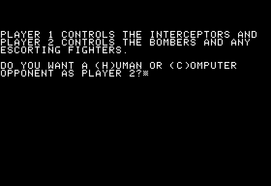 Computer Air Combat (Apple II) screenshot: Selected "Bomber Formation Intercept".