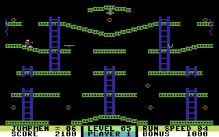 Jumpman (Commodore 64) screenshot: "Vampire" level. Watch out for the vampire bats!