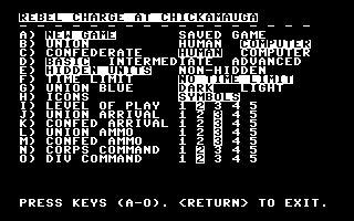 Rebel Charge at Chickamauga (Commodore 64) screenshot: Options.