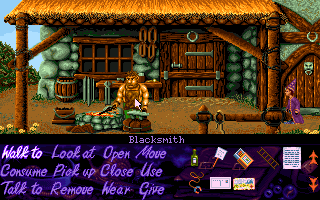 Simon the Sorcerer (Windows) screenshot: Blacksmith is concentrated on his work only and maybe won't even notice if something of his mysteriously disappears