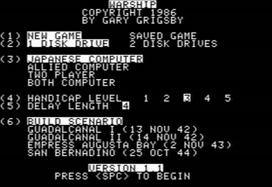 Warship (Apple II) screenshot: Main Menu