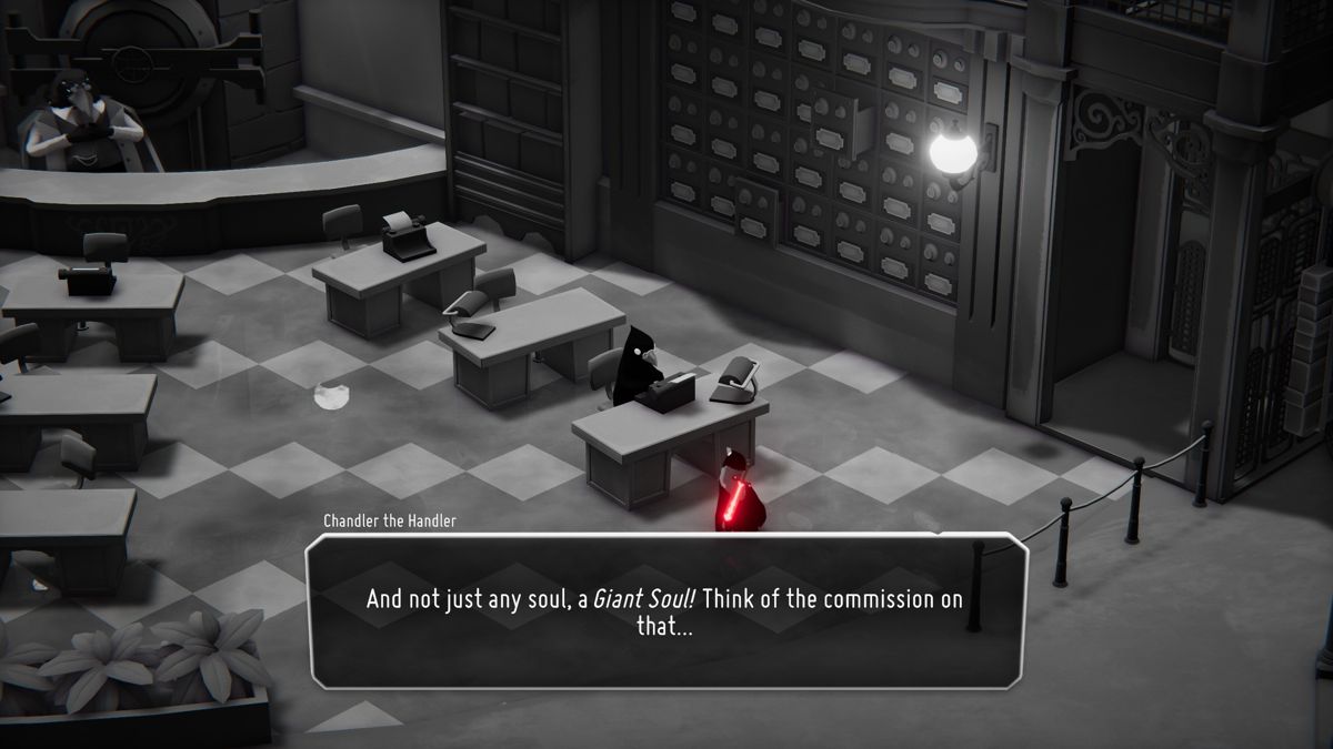 Death's Door (Windows) screenshot: A conversation at the Reaping Commission Headquarters
