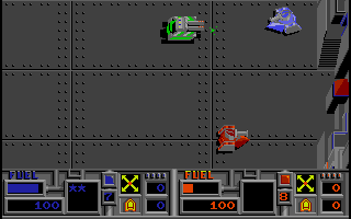 Vindicators (Amiga) screenshot: A tank attacks in a two player game
