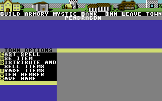 Phantasie III: The Wrath of Nikademus (Commodore 64) screenshot: Prepare your party in Town.