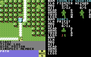 Phantasie III: The Wrath of Nikademus (Commodore 64) screenshot: Moving through a forest.